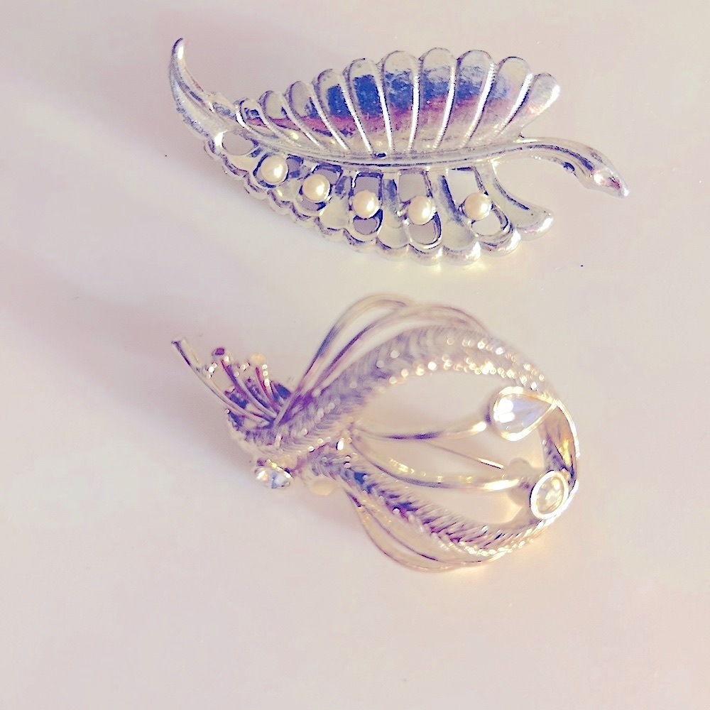 2 Pins: new gold bouquet w crystals, 1 vintage silver metal leaf “pearls”